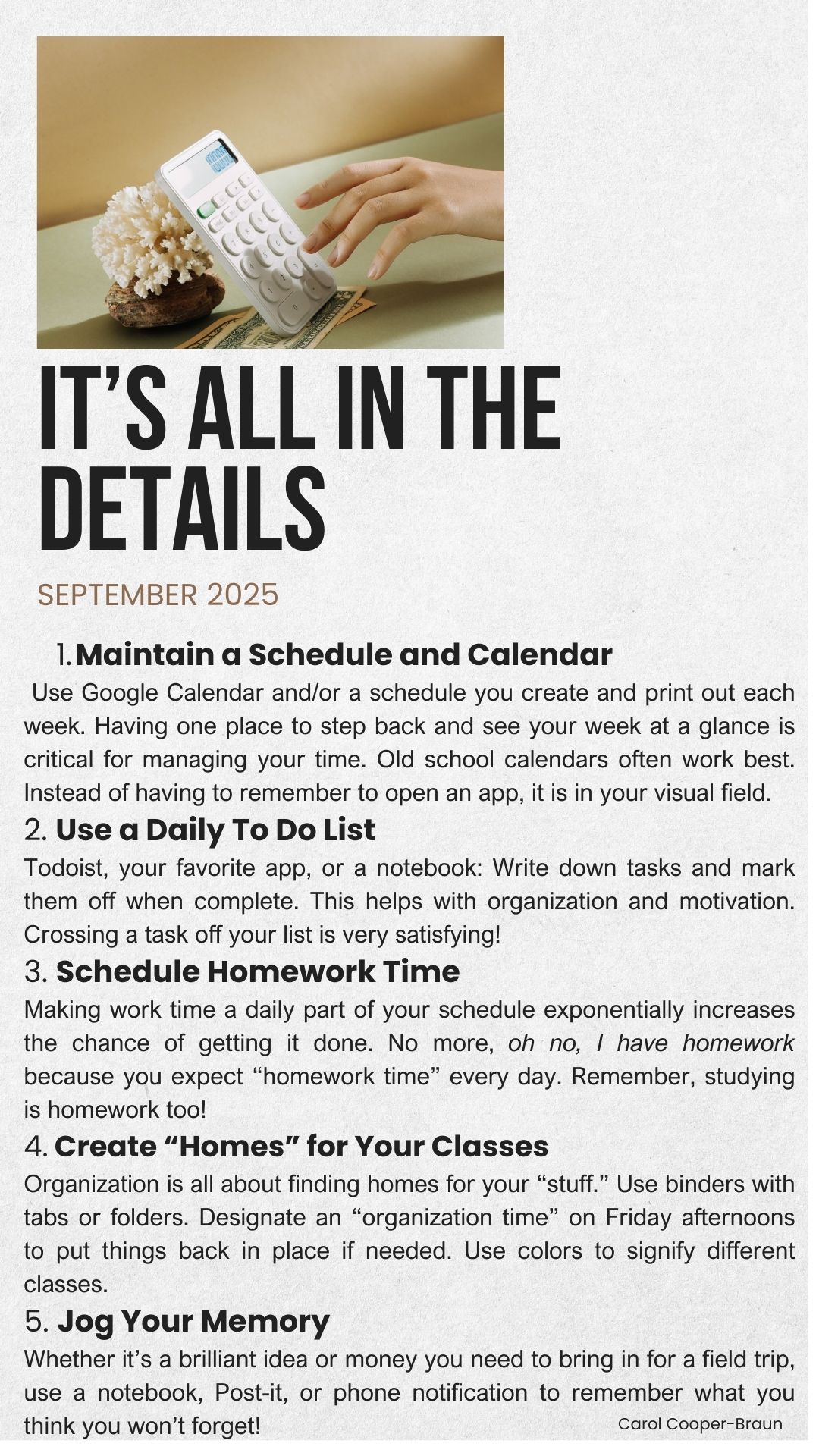 A hand reaches for a calculator beside cash and a coral decoration, symbolizing organization and financial management tips for September 2025.